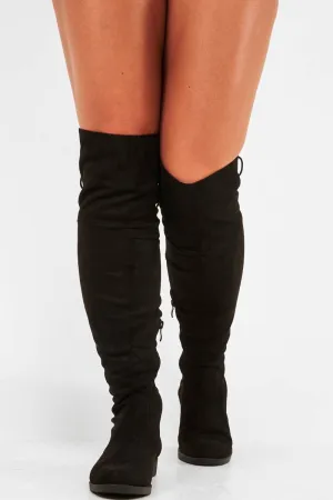 Black Faux Suede Flat Knee High Boots - Oakleigh