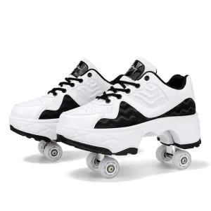 Deformable Four-wheel Retractable Double-row Dual-purpose Roller Skates, Size: 36(DF09 White Black)