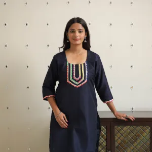 Naaz Navy Blue Gota Work Slub Silk Plain Kurta