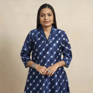 Navy Blue - Leheriya Tie-Dye Chanderi Silk A-Line Kurta