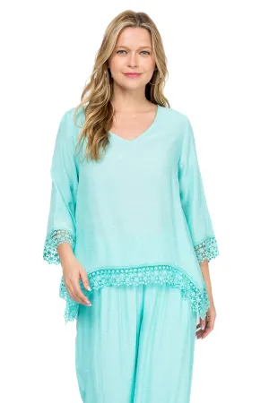 Women's Casual V Neck ¾ Sleeve Crochet Trimmed Shark Bite Hem Tunic Top